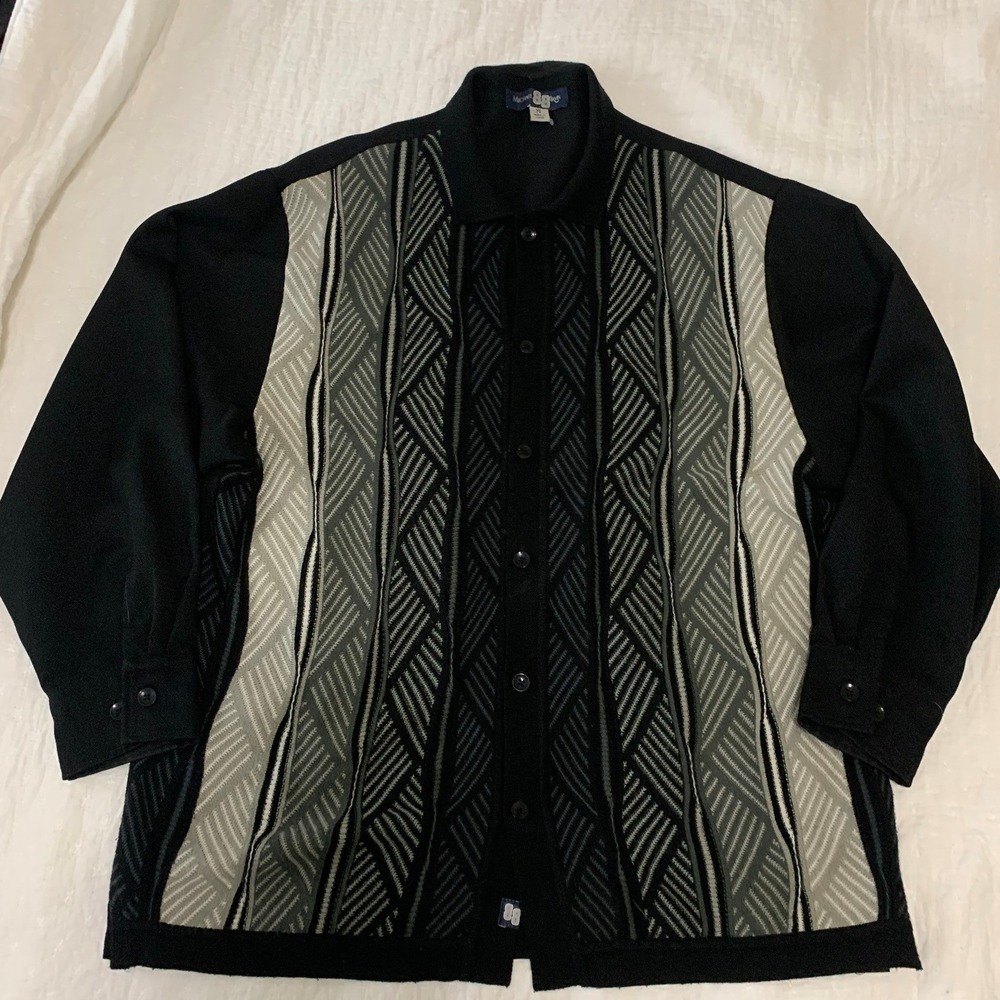 Michael Irvin 88 Mens XL Black Gray Geometric Knit Front Button Up Long Slv